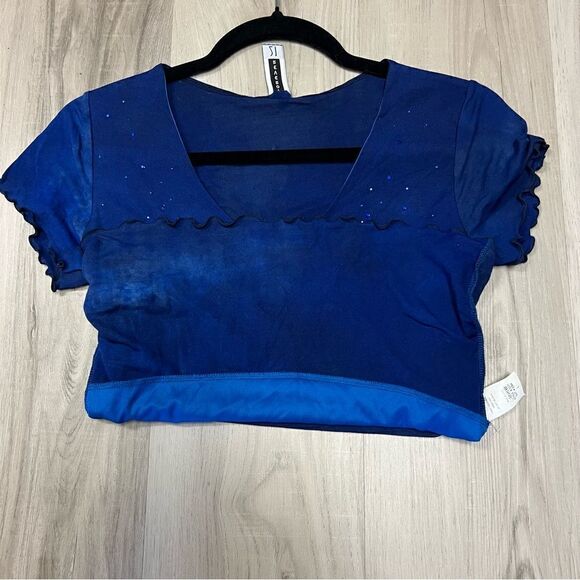 NWT vintage y2k forever 21 v neck top in stretch mesh with blue rhinestones sz L - Picture 7 of 12